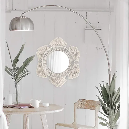 Vista 3 de Flexzion Espejo de pared colgante con flecos de macramé de sol y luna, espejo redondo con flecos de sol, arte bohemio rústico para montar