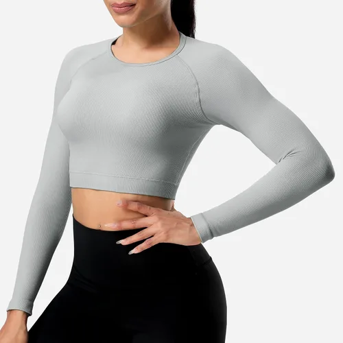 Vista 2 de YEOREO Janelle - Camiseta de manga larga acanalada con espalda abierta para mujer, camiseta deportiva para entrenamiento, yoga, gimnasio