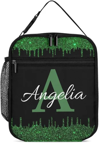 Vista 24 de Bolsa de almuerzo con nombre personalizado para hombres y mujeres, con monograma de purpurina azul, hielera, portátil, con nombre, para niñas
