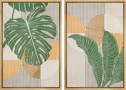 Vista 86 de IDEA4WALL Lienzo Enmarcado Impreso Arte de Pared Set Paisaje de Hojas de Palma de Selva de Mediados de Siglo Naturaleza Silvestre Ilustraciones Arte