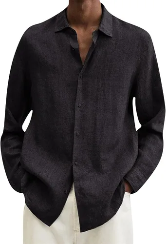 Vista 2 de EFOFEI Camisa de algodón y lino con botones para hombre, camisas casuales de manga larga, con solapa, color sólido
