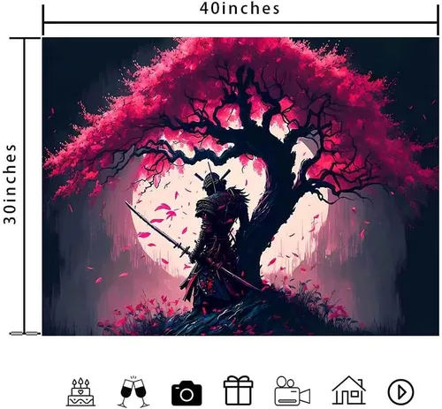 Vista 6 de Ine Ive GTDWIE0297 - Tapiz samurái japonés para estética de dormitorio, luna llena, árbol de cerezo, 40 x 30 pulgadas, arte japonés para dormitorio