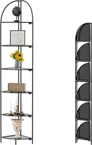 Vista 20 de Crofy Estante esquinero plegable de 3 niveles, soporte de esquina de metal para plantas con marco negro y estantes negros, estante de exhibición