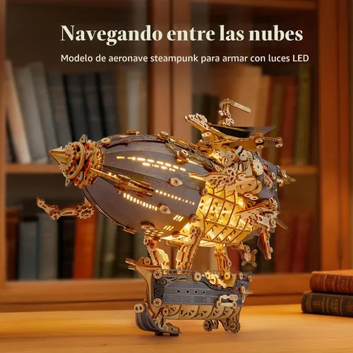 Vista 6 de FUNPOLA - Rompecabezas de madera LED 3D modelo de dirigible fantástico, kit de manualidades Steampunk con luces LED, intrincado juego de Gris