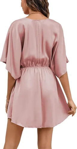 Vista 2 de LYANER Minivestido elegante de satén con cuello en V y volantes para mujer