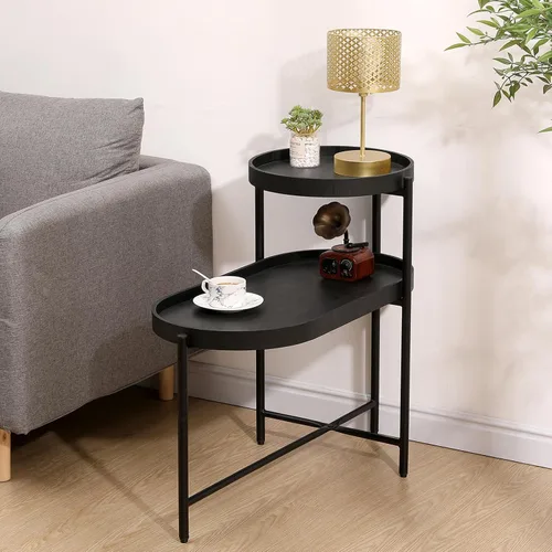 Vista 5 de Mesa auxiliar redonda de 2 niveles con extremo de café irregular, mesa pequeña con marco de metal para sala de estar, dormitorio (negro)