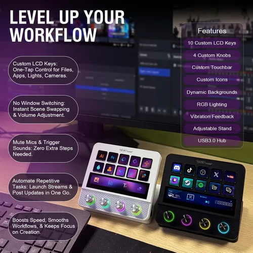 Vista 3 de Teclado Macro, Controlador de Deck de Transmisión, Mesa de Sonido con Teclas Programables, Teclado de Accesos Rápidos USB para Juego en Streaming