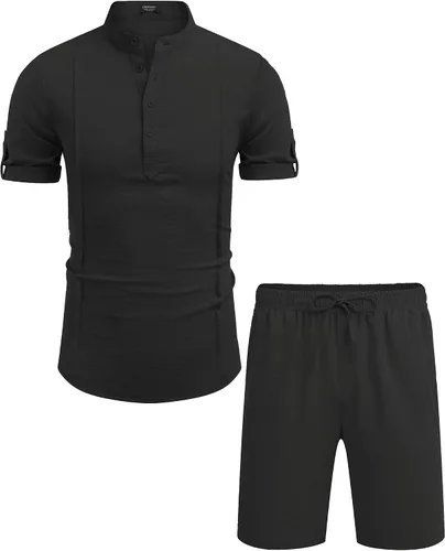 Vista 5 de COOFANDY Conjunto de lino de 2 piezas para hombre, camisa Henley, manga corta y pantalones cortos, trajes a juego para yoga y playa