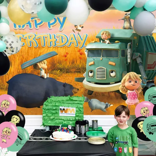 Vista 4 de Fondo de fiesta de cumpleaños de camión de basura, decoración y pancarta, accesorios de fondo de fotos para niños y niñas, 5 x 3 pies