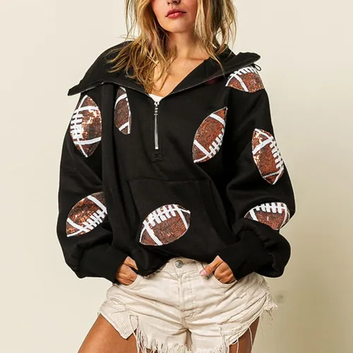 Vista 23 de SeekMe Sudaderas con capucha de lentejuelas para mujer, para el día del partido, suéteres de manga larga con cremallera y bolsillo