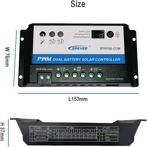 Vista 3 de EPEVER Medidor MT-1 remoto con pantalla LCD para controlador de carga solar EPIPDB-COM Serie 10A/20A Sistema de carga de panel solar de doble batería