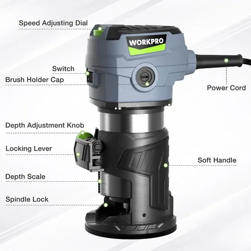 Vista 2 de WORKPRO Kit de enrutador compacto, herramienta de enrutador manual con cable de 6.5 amperios, enrutador de madera de 6 velocidades variables