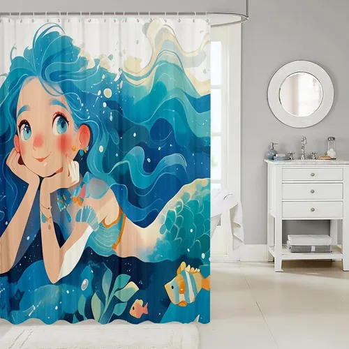 Vista 2 de Homewish Cortina de ducha de sirena azul con diseño de princesa sirena, juego de cortina de ducha para niños y adultos, cortina de baño subacuática