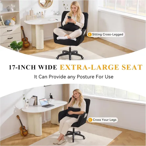 Vista 8 de FOXHUNTER Silla de tocador con respaldo ergonómico y ruedas, silla giratoria de 360°, silla de oficina en casa de altura ajustable para sala de Negro