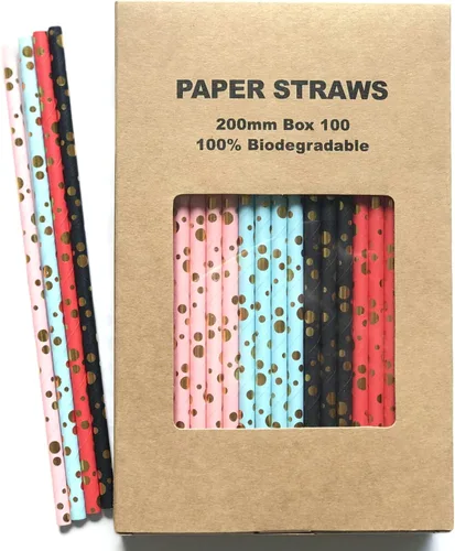 Vista 2 de 100 pajitas de papel mixtas para fiestas, color negro, rosa claro, azul, rojo, dorado, con lunares, burbujas, para cumpleaños, baby shower, boda