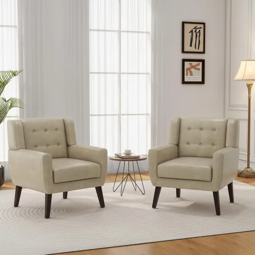 Vista 34 de Accent Chair Set of 1, Comfy Reading Armchair, Beige Linen Blend, Tufted Button Backrest, Solid Wood Frame, Upholstered Club Single Sofa Chairs