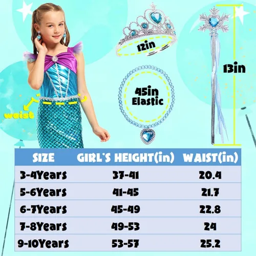 Vista 5 de Krarici Disfraz de sirena pequeña para niñas vestido de fiesta de princesa para fiesta con guantes accesorios de corona maza 3-10 años