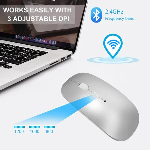 Vista 4 de AE WISH ANEWISH Ratón inalámbrico de modo dual (Bluetooth 4.0+USB), ratones silenciosos recargables con receptor USB, mouse Bluetooth delgado
