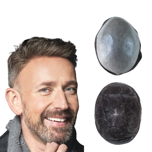 Vista 14 de HAIR NATURE Toupee para hombres, sistemas de reemplazo de cabello humano, 0.001 in piel ultra fina V-looped Jet Black piezas de cabello 8x10#1