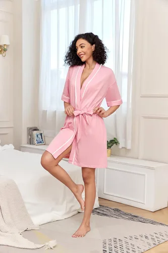 Vista 148 de COLORFULLEAF Bata de baño de manga corta para mujer, 100% algodón, longitud hasta la rodilla, con bolsillos