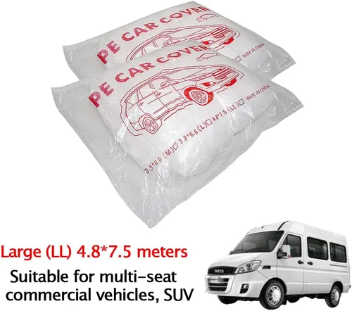 Vista 4 de Paquete de 2 fundas desechables de plástico transparente para automóvil, cubierta universal de lluvia y polvo para garaje con banda elástica, grande