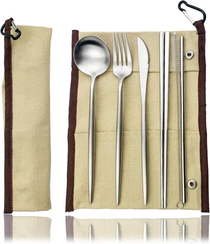 Vista 19 de JASHII Juego de cubiertos de viaje de acero inoxidable, tenedor, cuchara, cuchillo, pajilla, cubiertos reutilizables con estuche, juego de Rosa