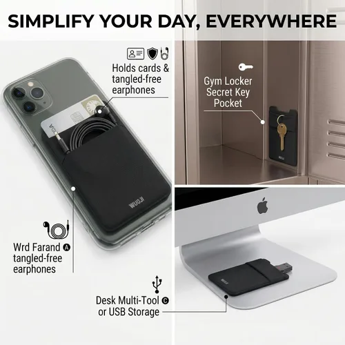 Vista 5 de Cartera para tarjetas de teléfono con bloqueo RFID, doble bolsillo seguro, ultradelgada, autoadhesiva, funda para tarjetas de crédito, calcomanía