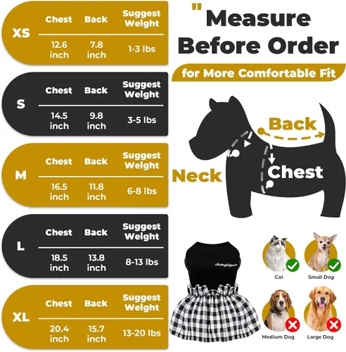 Vista 2 de PETCARE Vestido clásico para perros pequeños, vestidos negros a cuadros para perros, suave y lindo vestido de verano para cachorros, camisa Shih Tzu