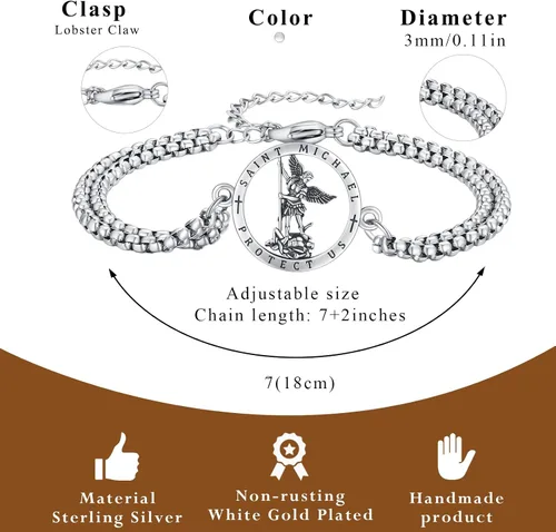 Vista 41 de Pulsera unisex de San Miguel/Cristóbal/Benedicto/Jude/José/Guadalupe/Ángel de la Guarda/Santa Muerte Pulsera de plata de ley 925 con cadena de doble