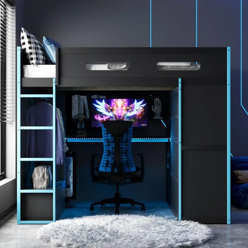 Vista 27 de Cama tipo loft en forma de L tamaño matrimonial e individual con 2 escritorios, tablero de clavijas y cajones de almacenamiento, marco de cama
