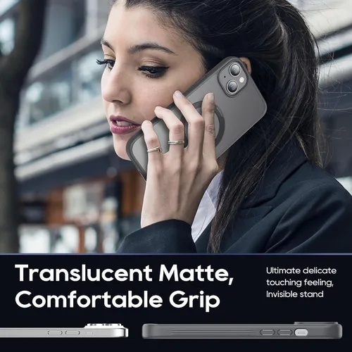 Vista 7 de Funda magnética para iPhone 15 con soporte, soporte de anillo invisible con protector de pantalla compatible con MagSafe Slim esmerilado mate, funda