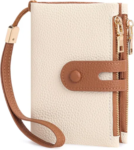 Vista 9 de FALAN MULE Cartera pequeña de cuero para mujer, con bloqueo RFID, tarjetero plegable con bolsillos dobles con cremallera, Marrón claro