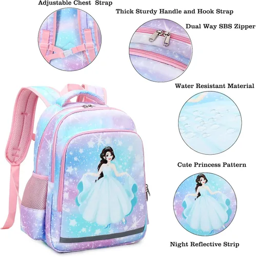 Vista 3 de YCBB Juego de mochilas escolares para niñas, Galaxy Princess, Mochilas de viaje