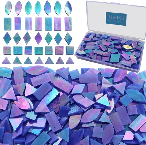 Vista 26 de LITMIND Azulejos de Mosaico de Vidrio Iridiscente Estilo Vitral para Manualidades, 240 Piezas 5 Formas Mixtas de Piezas de Vidrio de Mosaico, Kits