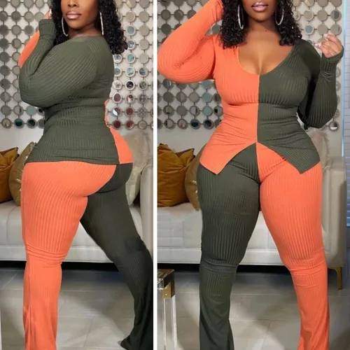 Vista 5 de kaimimei Conjunto deportivo sexy de 2 piezas con bloques de color para mujer, con dobladillo acanalado, abertura y pantalones acampanados, ropa