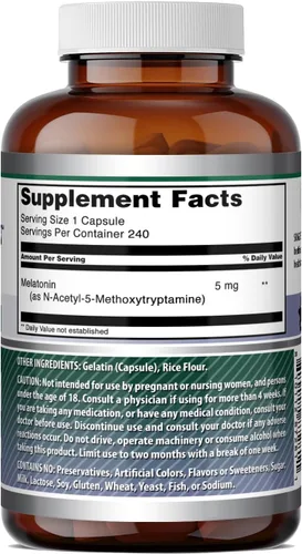 Vista 5 de Amazing Formulas Suplemento de melatonina 5 mg por porción 240 cápsulas Sin OMG Sin gluten Fabricado en Estados Unidos