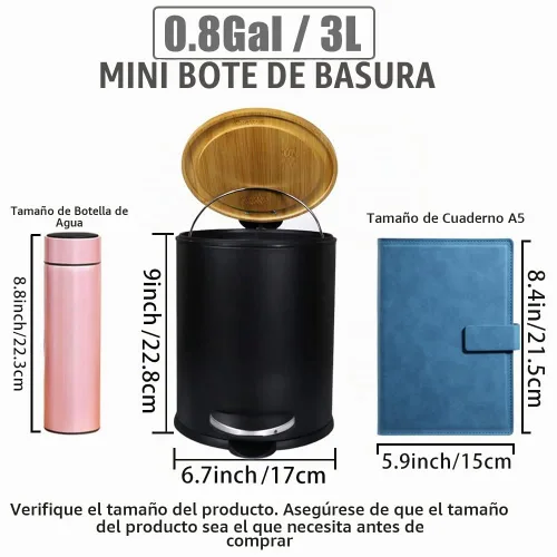 Vista 3 de SIDIANBAN Mini bote de basura con tapa de bambú, cierre suave y pedal Negro