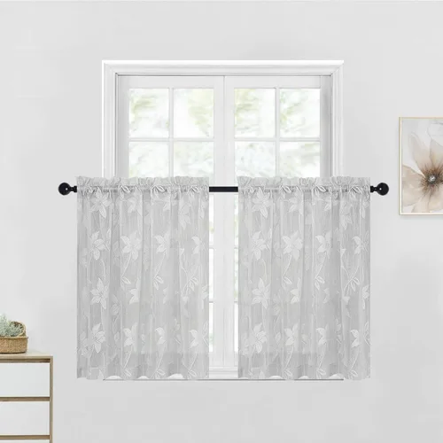 Vista 39 de DWCN Paquete de 2 cortinas traslúcidas pequeñas de encaje floral beige para cocina, cortinas traslúcidas ligeras con bolsillo para barra, cortinas
