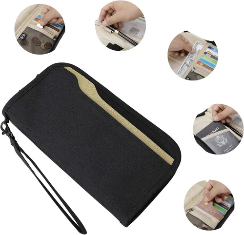 Vista 5 de ZOPPEN Cartera de viaje RFID y organizador de documentos con cremallera con correa de muñeca extraíble Cartera RFID