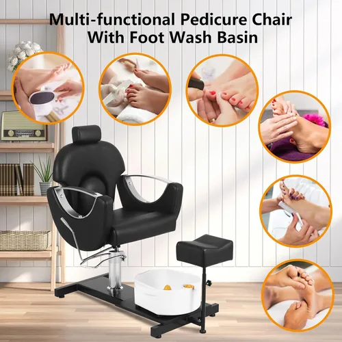 Vista 7 de Silla de pedicura giratoria de 360° con taburete y baño de pies de masaje, estación de pedicura hidráulica de altura ajustable sin plomería
