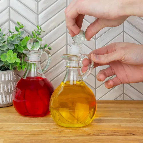 Vista 9 de Cornucopia Brands Vinagre y vinagre de vidrio (juego de 2); dispensadores de aceite redondos de 8 onzas/botellas de aderezo para ensaladas