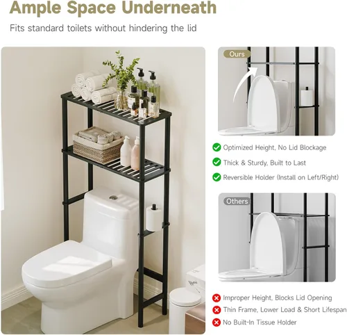 Vista 4 de Almacenamiento sobre el inodoro, estante de baño de bambú de 2 niveles con Negro
