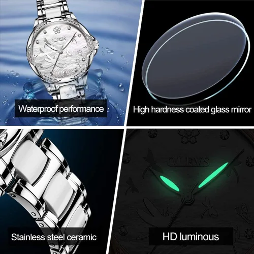 Vista 7 de OLEVS Relojes automáticos para mujer, mecánico, esfera de corazón, esfera de corazón, oro rosa, banda de cerámica, impermeable, luminoso, fecha