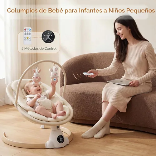Vista 4 de Columpio eléctrico portátil para bebés con Bluetooth, 5 velocidades, 10 melodías, arnés de 5 puntos, control remoto y panel táctil, columpio Beige