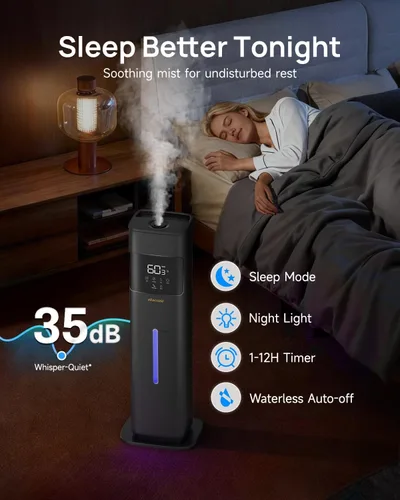 Vista 4 de Humidificadores para dormitorio, humidificador de habitación grande, color negro Warm & Cool Mist, 2.1Gal/8L, 500 sq ft Coverage, Run 48H, Auto
