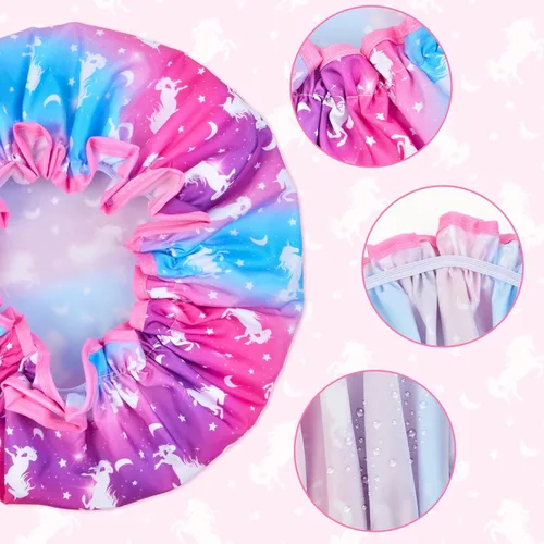 Vista 4 de Olypegic Gorro de ducha para niños, 3 piezas, para niñas, reutilizable, impermeable, ajustable, grande, con unicornio, sirena, arco iris, lindo