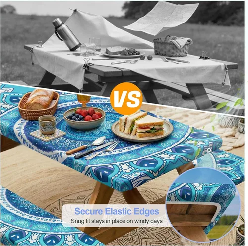 Vista 3 de Funda de mesa de picnic con fundas para bancos Esenciales de camping Mantel de picnic impermeable y a prueba de viento con bolsa de cordón, funda