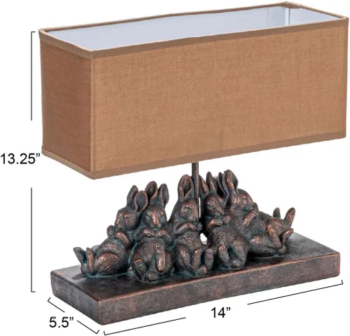 Vista 3 de Creative Co-Op lámpara de mesa de resina con forma de conejo con pantalla rectangular de lino, acabado en bronce