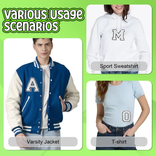 Vista 4 de Parche de letras Varsity de felpilla de 4.5 pulgadas, parches termoadhesivos para ropa, sombreros, jeans, bolsas y mochilas (1 unidad)