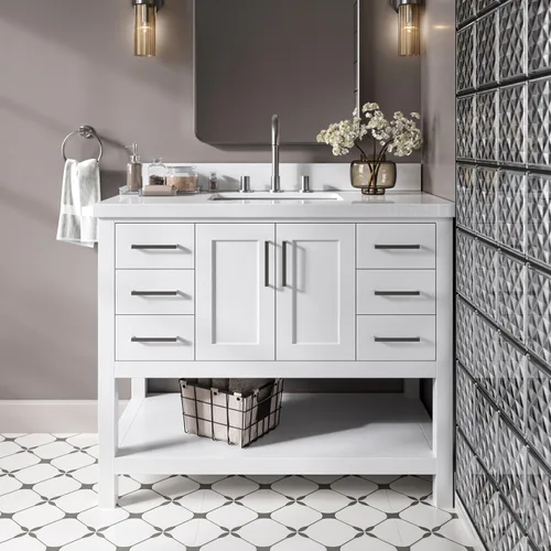 Vista 26 de DKB Isabella - Mueble de baño negro de 42 pulgadas con fregadero, lavabo rectangular, encimera de cuarzo blanco puro y protector contra salpicaduras